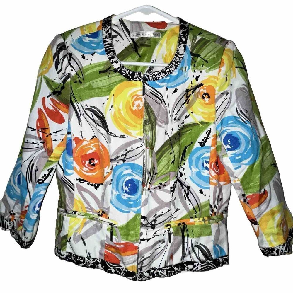 Peter Nygard Jacket Wmns Sz 4P Linen Blend Abstract Floral Multi Color Full Zip